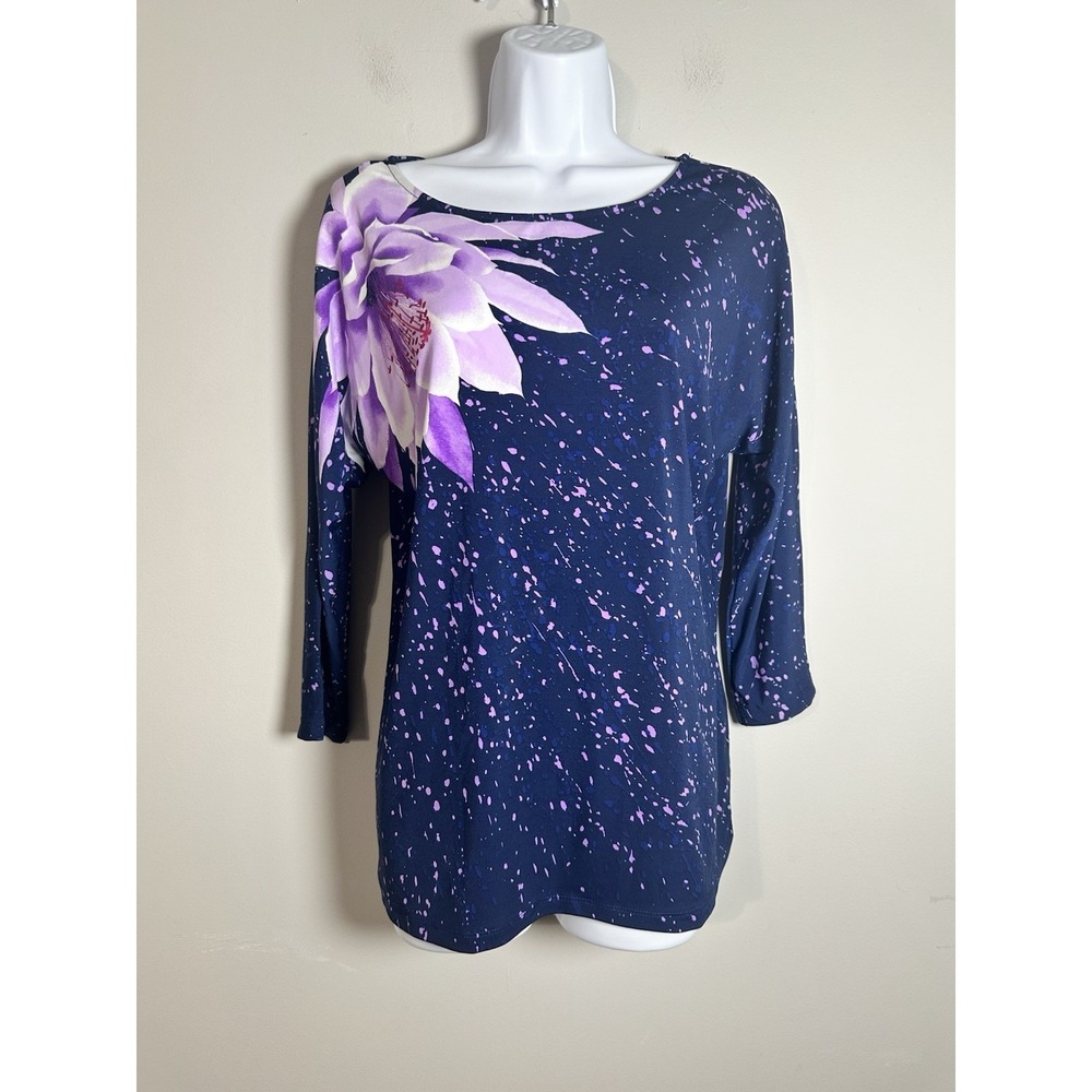 Bob‎ Mackie Wearable Art XS Navy Purple Floral Splatter Top Boat Neck 3/4 Sleeve